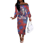Rosa Parks Off The Shoulder Long Sleeve Dress Red Blue Abstract Art Portrait Sitting Down to Stand Up Quote Civil Rights Tribute - African Pride