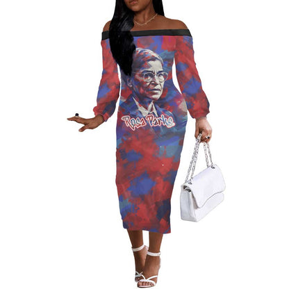 Rosa Parks Off The Shoulder Long Sleeve Dress Red Blue Abstract Art Portrait Sitting Down to Stand Up Quote Civil Rights Tribute - African Pride