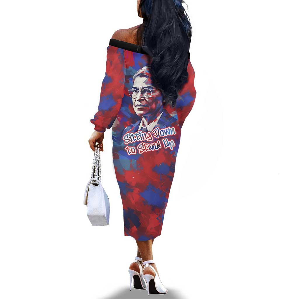 Rosa Parks Off The Shoulder Long Sleeve Dress Red Blue Abstract Art Portrait Sitting Down to Stand Up Quote Civil Rights Tribute - African Pride