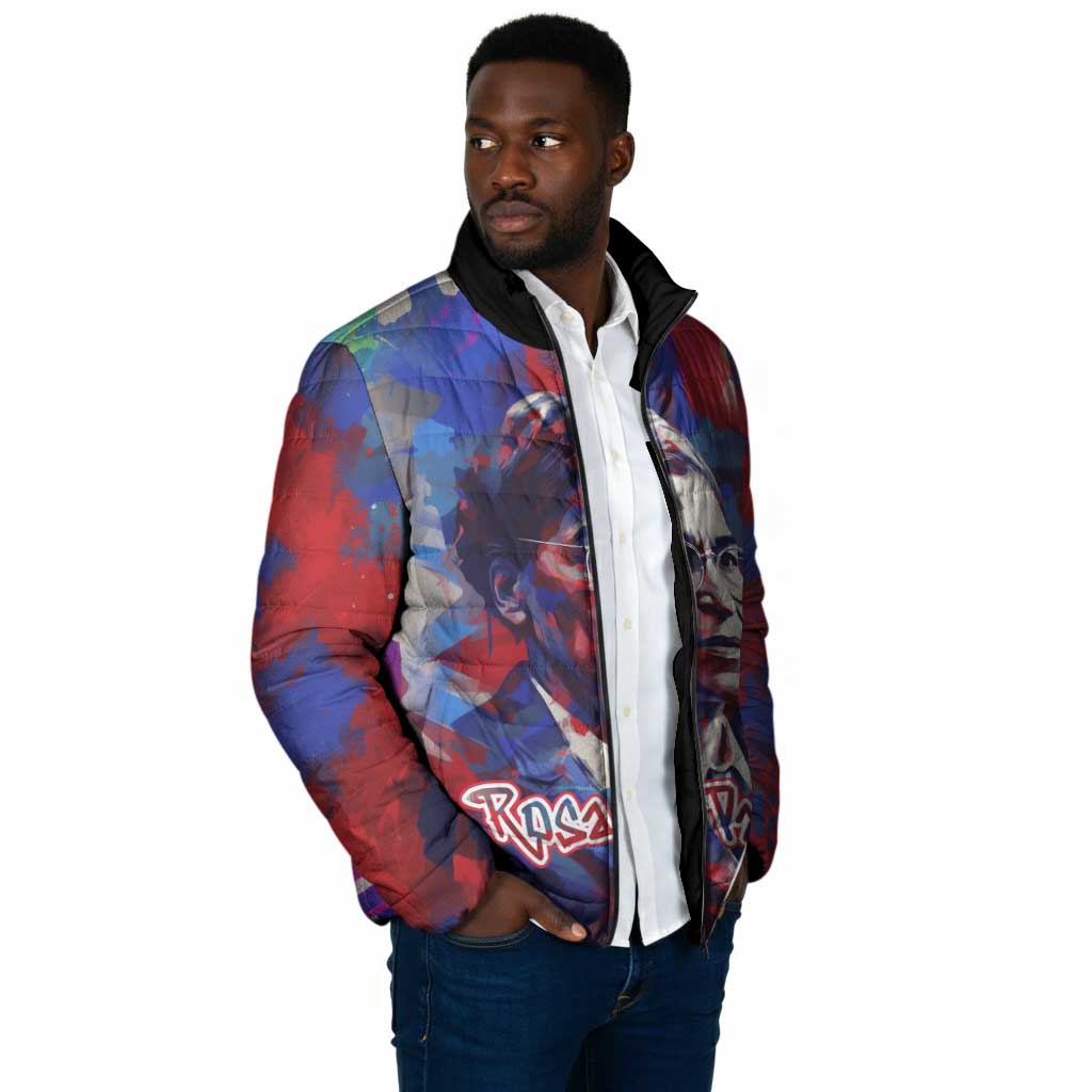 Rosa Parks Padded Jacket Red Blue Abstract Art Portrait Sitting Down to Stand Up Quote Civil Rights Tribute - African Pride