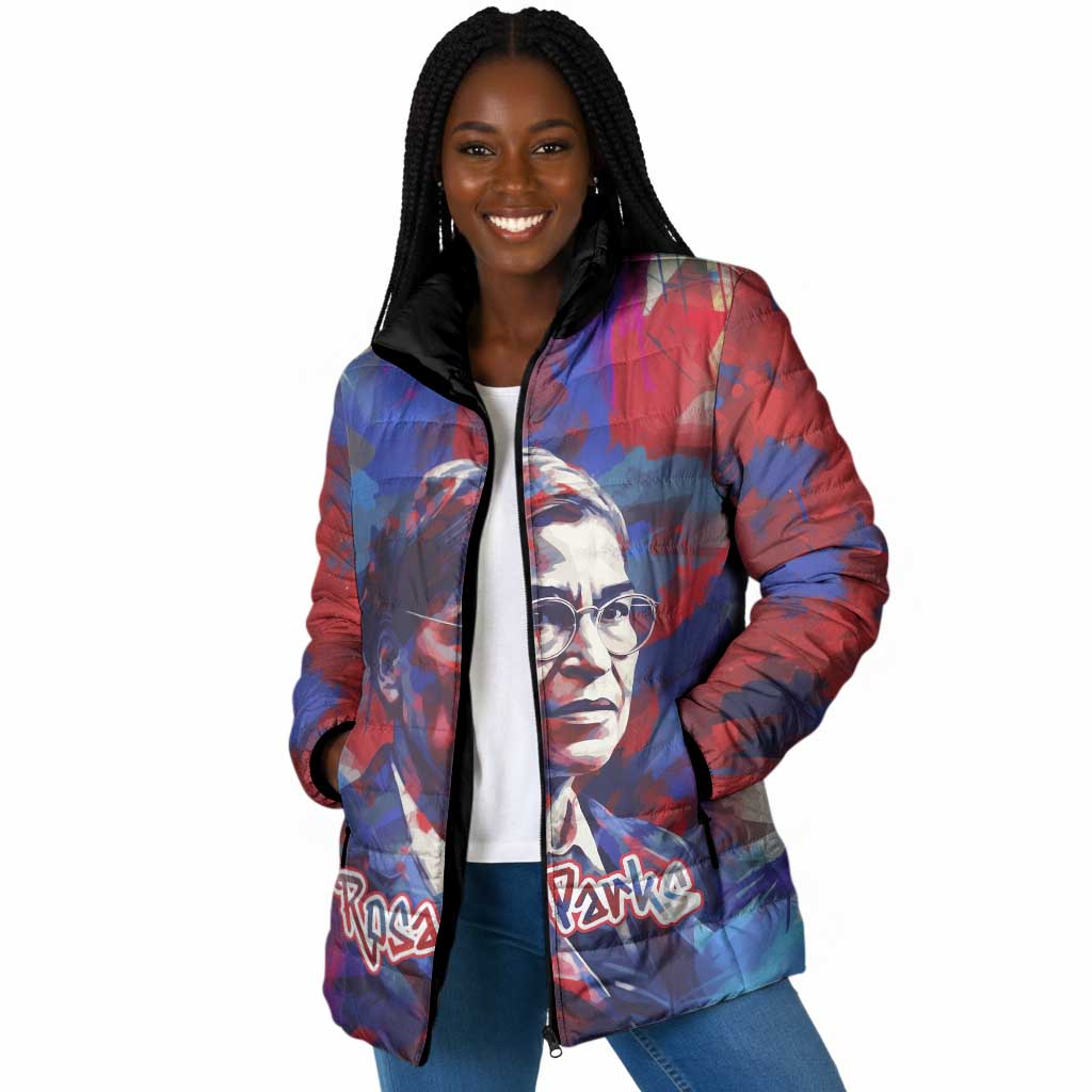 Rosa Parks Padded Jacket Red Blue Abstract Art Portrait Sitting Down to Stand Up Quote Civil Rights Tribute - African Pride