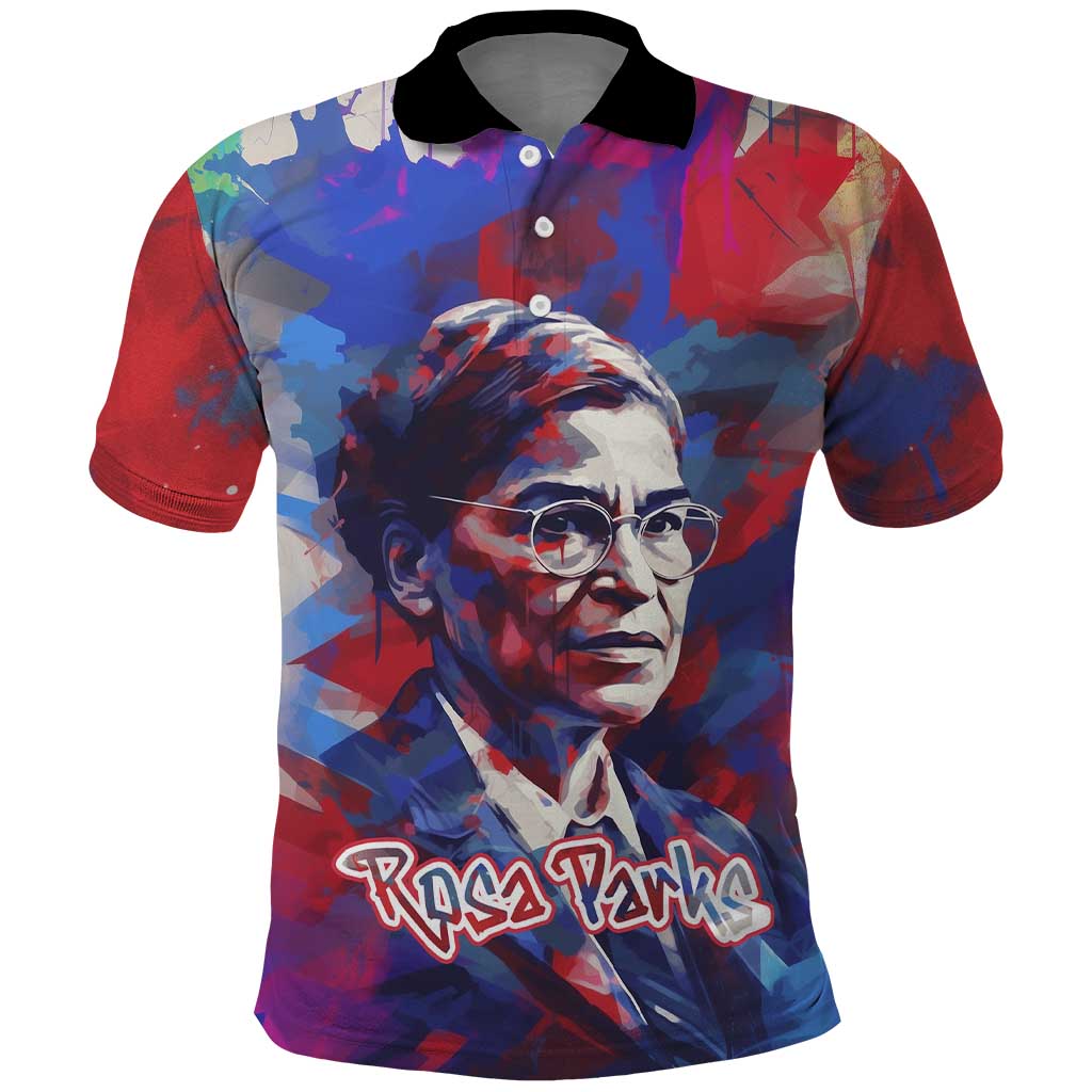 Rosa Parks Polo Shirt Red Blue Abstract Art Portrait Sitting Down to Stand Up Quote Civil Rights Tribute TS04