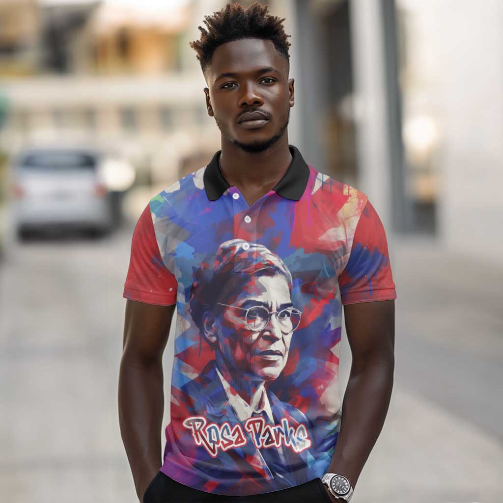 Rosa Parks Polo Shirt Red Blue Abstract Art Portrait Sitting Down to Stand Up Quote Civil Rights Tribute TS04