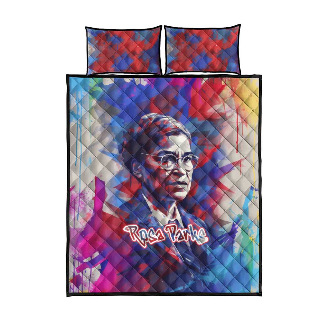 Rosa Parks Quilt Bed Set Red Blue Abstract Art Portrait Sitting Down to Stand Up Quote Civil Rights Tribute - African Pride