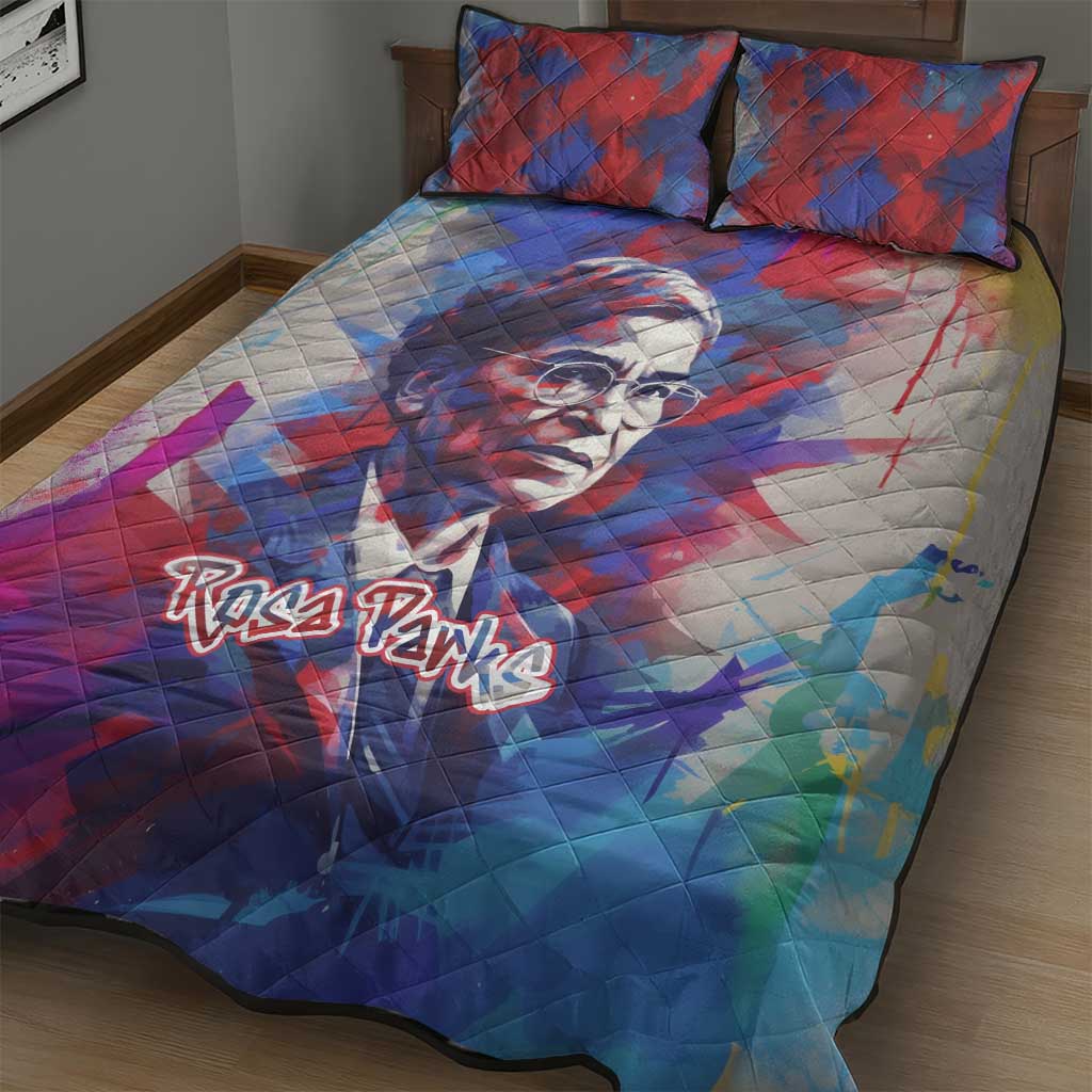 Rosa Parks Quilt Bed Set Red Blue Abstract Art Portrait Sitting Down to Stand Up Quote Civil Rights Tribute - African Pride