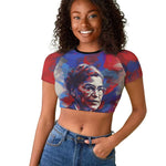 Rosa Parks Raglan Cropped T shirt Red Blue Abstract Art Portrait Sitting Down to Stand Up Quote Civil Rights Tribute TS04