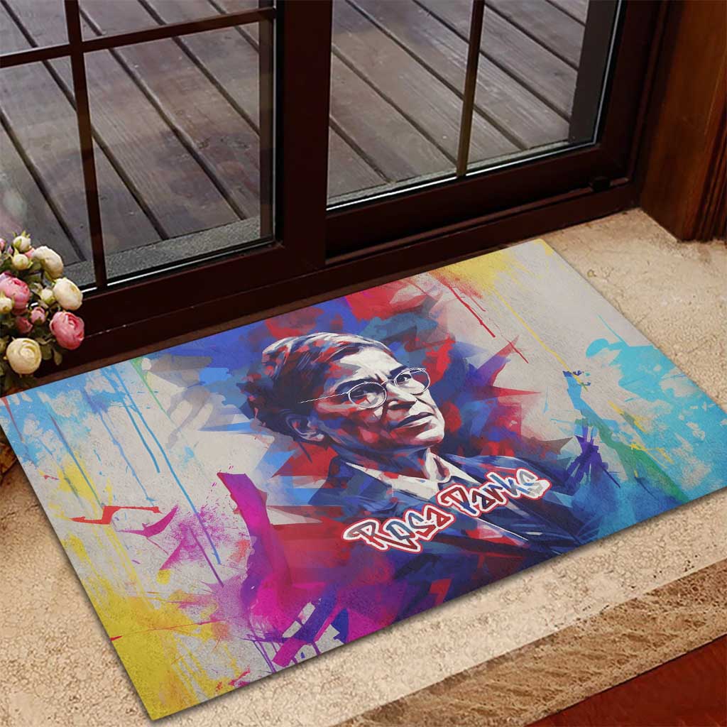 Rosa Parks Rubber Doormat Red Blue Abstract Art Portrait Sitting Down to Stand Up Quote Civil Rights Tribute - African Pride