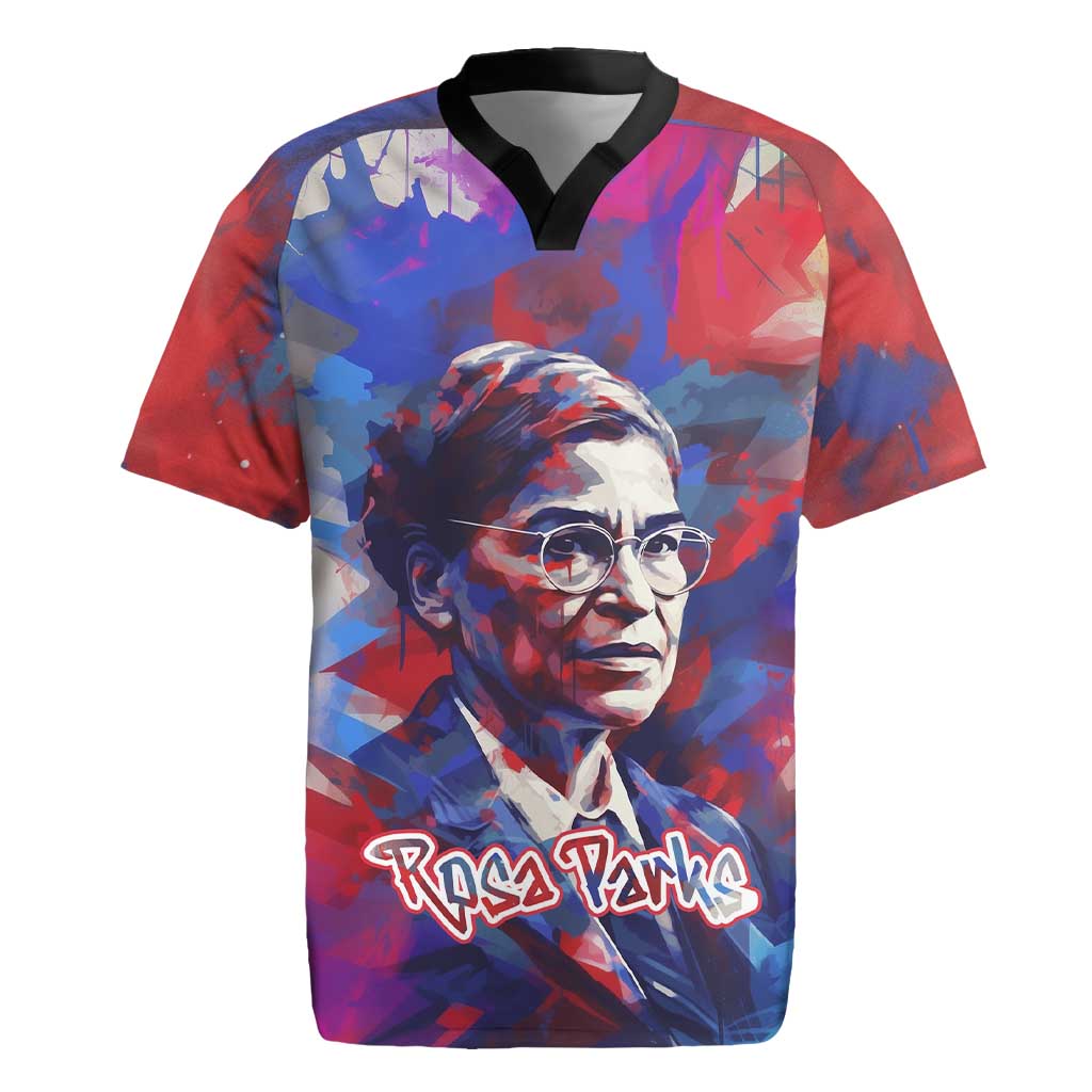 Rosa Parks Rugby Jersey Red Blue Abstract Art Portrait Sitting Down to Stand Up Quote Civil Rights Tribute TS04