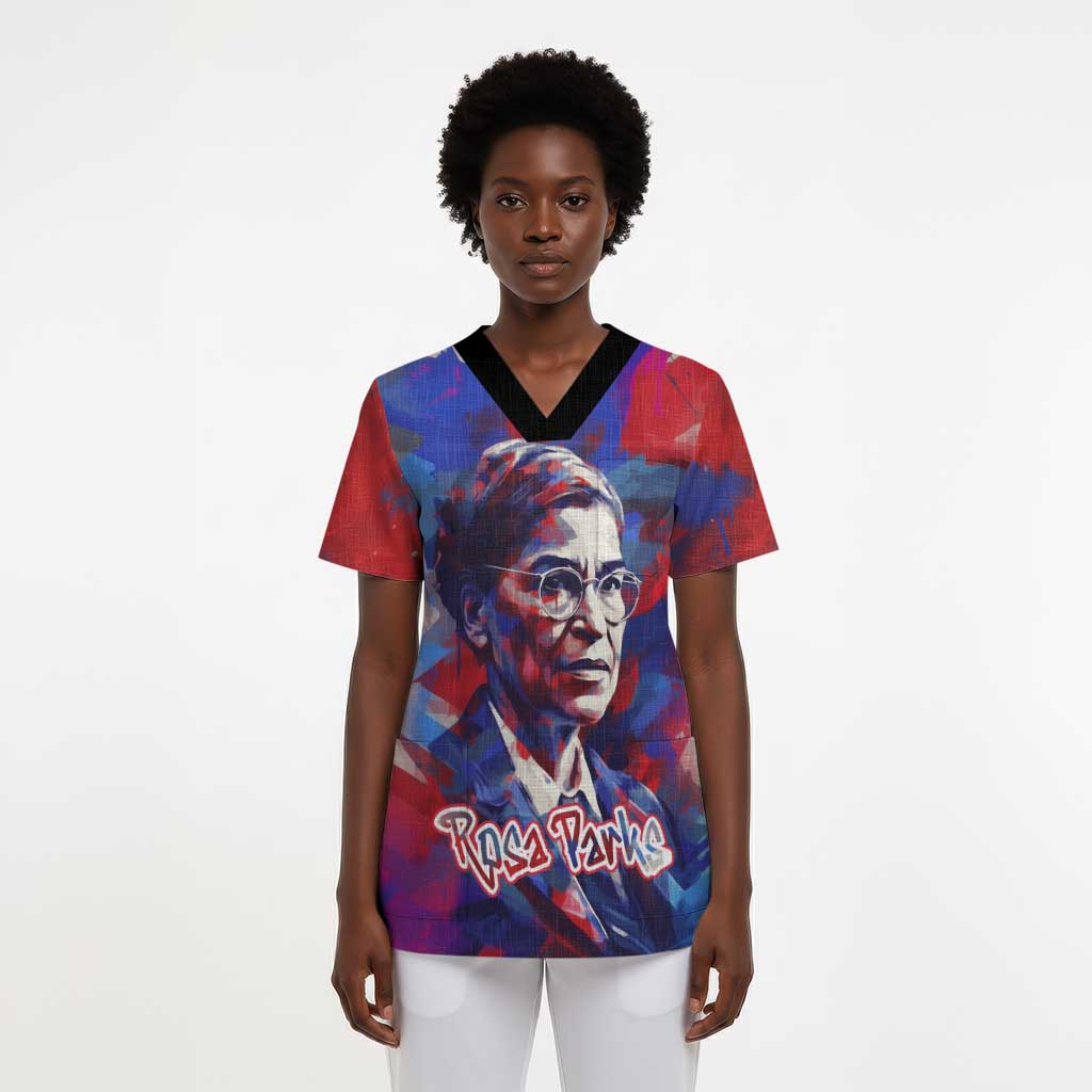 Rosa Parks Scrub Top Red Blue Abstract Art Portrait Sitting Down to Stand Up Quote Civil Rights Tribute - African Pride