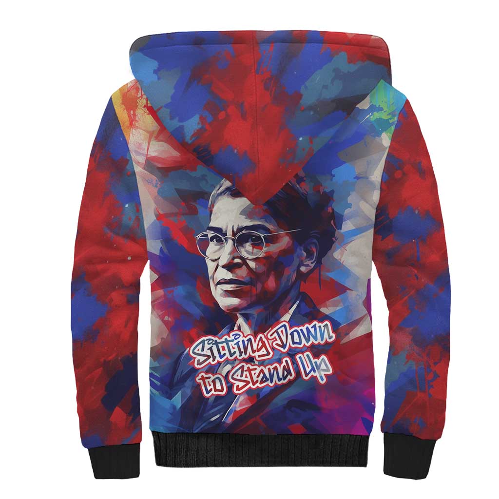 Rosa Parks Sherpa Hoodie Red Blue Abstract Art Portrait Sitting Down to Stand Up Quote Civil Rights Tribute - African Pride
