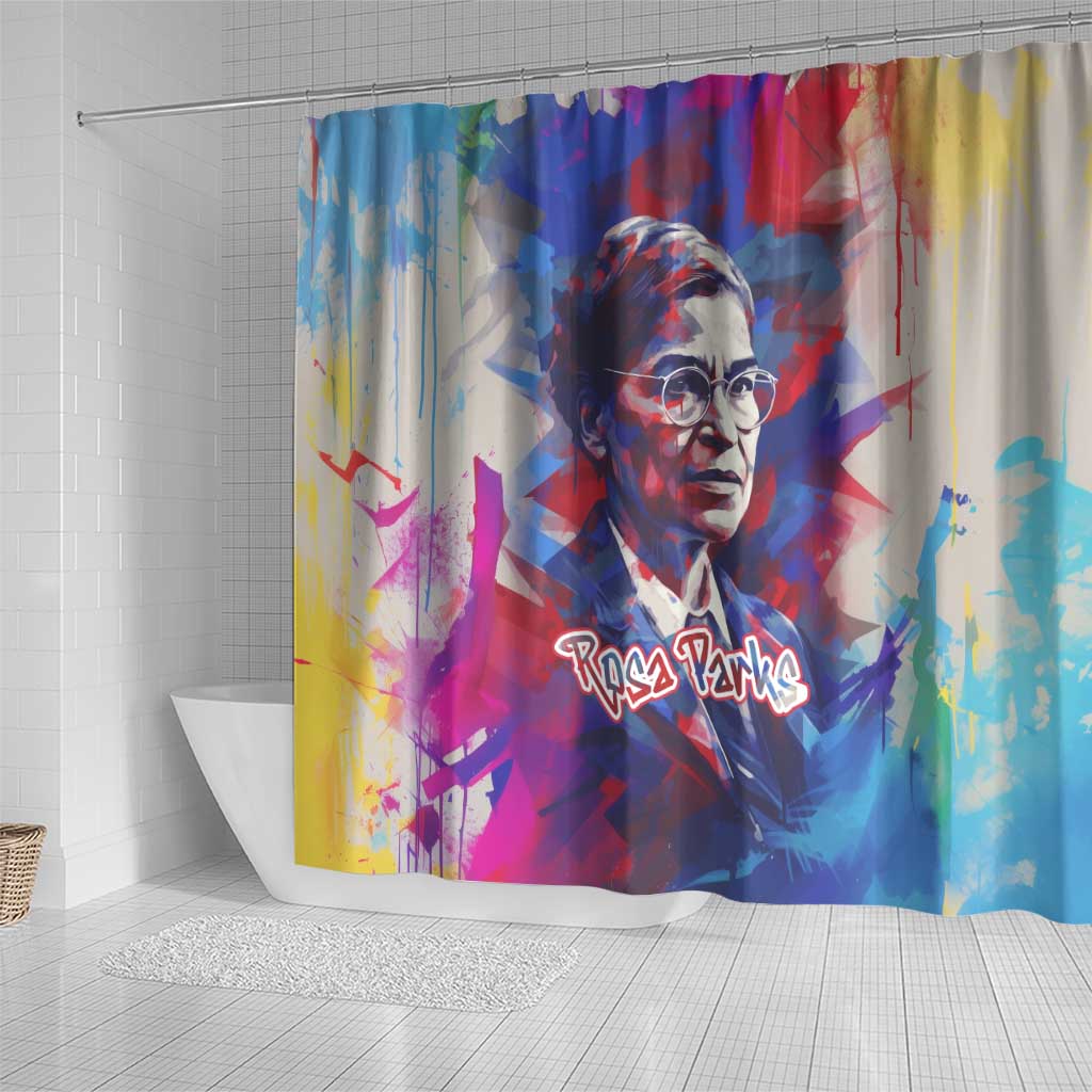 Rosa Parks Shower Curtain Red Blue Abstract Art Portrait Sitting Down to Stand Up Quote Civil Rights Tribute - African Pride