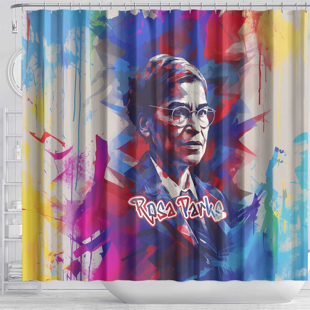 Rosa Parks Shower Curtain Red Blue Abstract Art Portrait Sitting Down to Stand Up Quote Civil Rights Tribute - African Pride