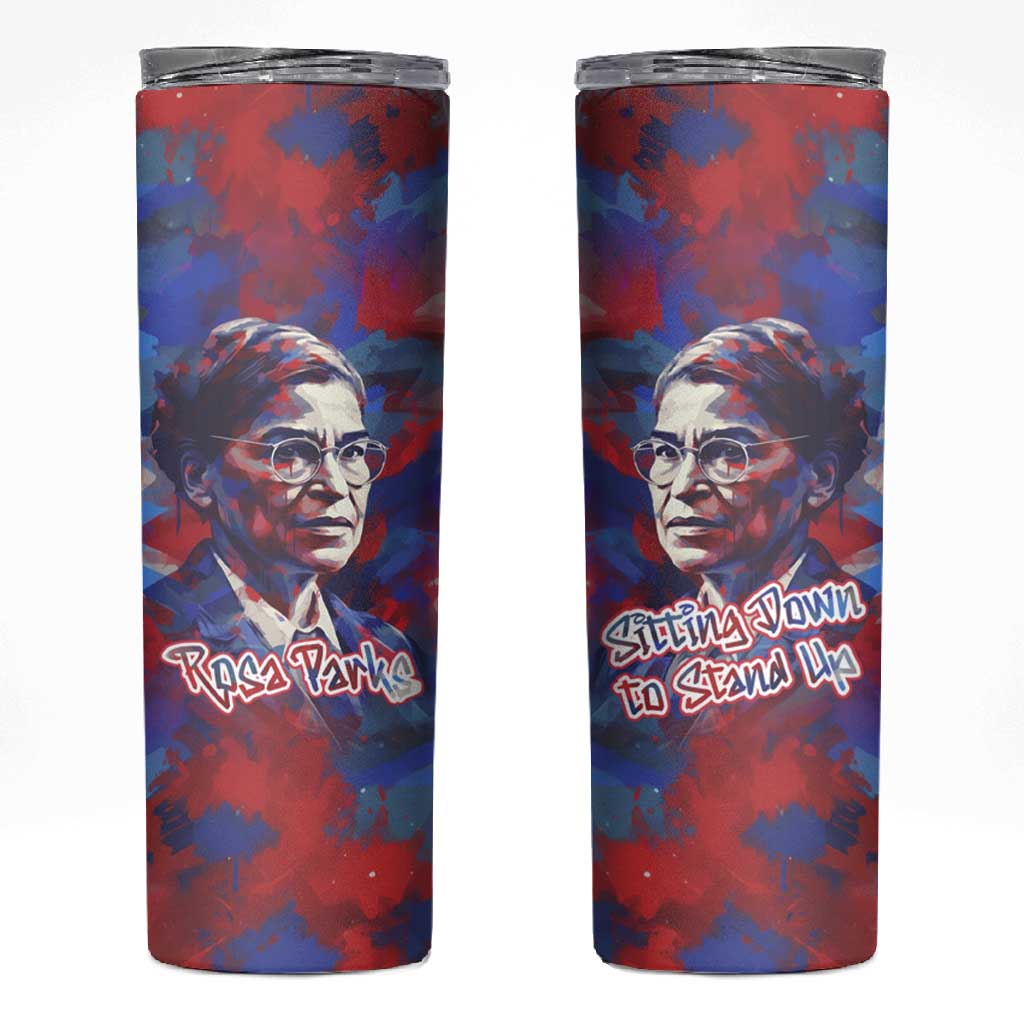 Rosa Parks Skinny Tumbler Red Blue Abstract Art Portrait Sitting Down to Stand Up Quote Civil Rights Tribute - African Pride