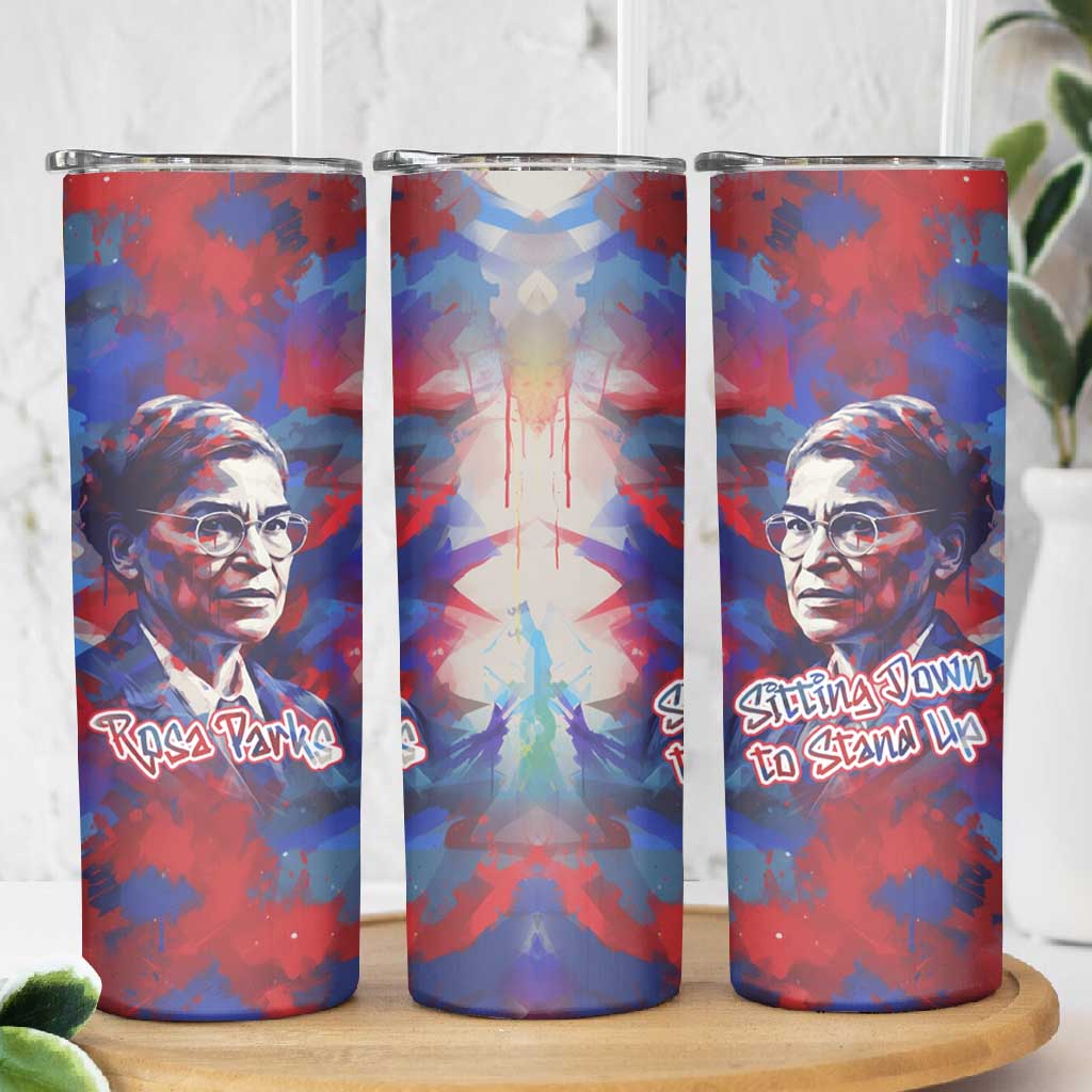 Rosa Parks Skinny Tumbler Red Blue Abstract Art Portrait Sitting Down to Stand Up Quote Civil Rights Tribute - African Pride