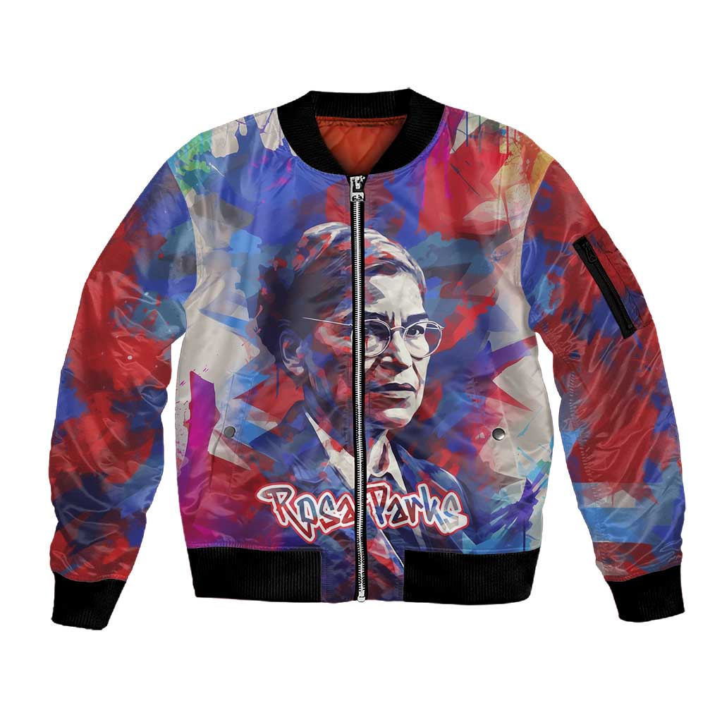 Rosa Parks Sleeve Zip Bomber Jacket Red Blue Abstract Art Portrait Sitting Down to Stand Up Quote Civil Rights Tribute - African Pride