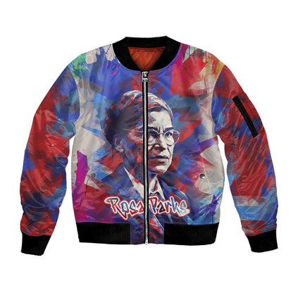 Rosa Parks Sleeve Zip Bomber Jacket Red Blue Abstract Art Portrait Sitting Down to Stand Up Quote Civil Rights Tribute - African Pride