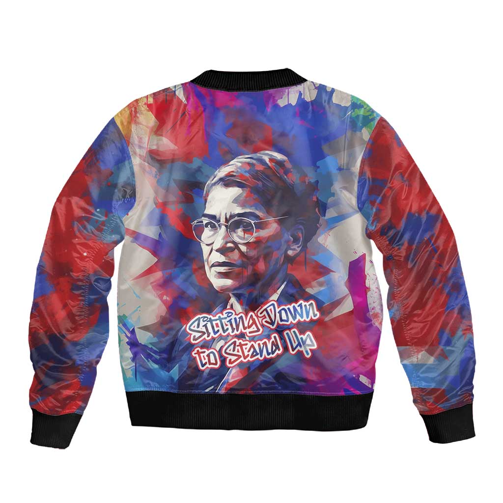 Rosa Parks Sleeve Zip Bomber Jacket Red Blue Abstract Art Portrait Sitting Down to Stand Up Quote Civil Rights Tribute - African Pride