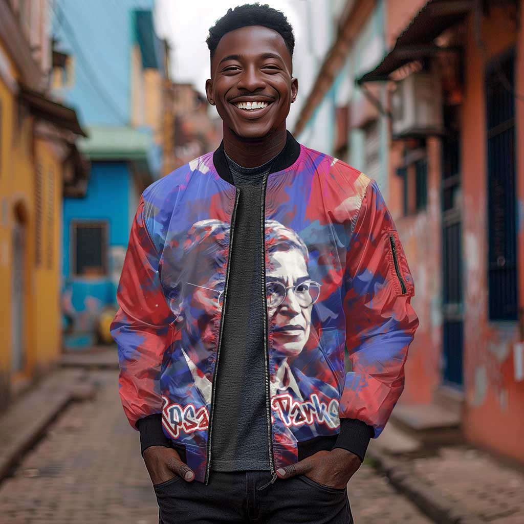 Rosa Parks Sleeve Zip Bomber Jacket Red Blue Abstract Art Portrait Sitting Down to Stand Up Quote Civil Rights Tribute - African Pride