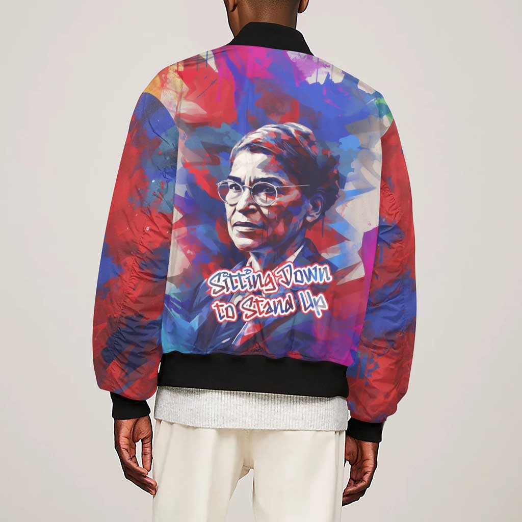 Rosa Parks Sleeve Zip Bomber Jacket Red Blue Abstract Art Portrait Sitting Down to Stand Up Quote Civil Rights Tribute - African Pride