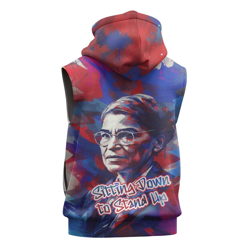 Rosa Parks Sleeveless Hoodie Red Blue Abstract Art Portrait Sitting Down to Stand Up Quote Civil Rights Tribute - African Pride