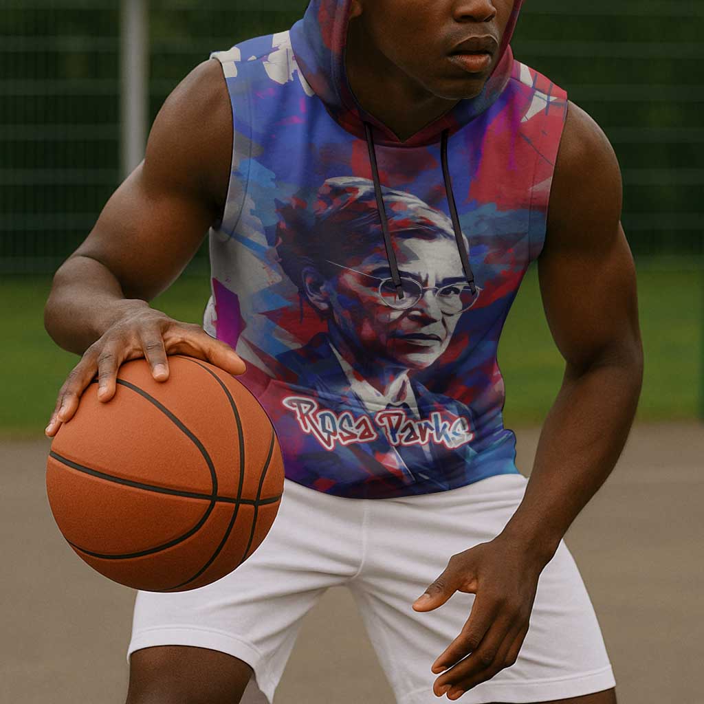 Rosa Parks Sleeveless Hoodie Red Blue Abstract Art Portrait Sitting Down to Stand Up Quote Civil Rights Tribute - African Pride