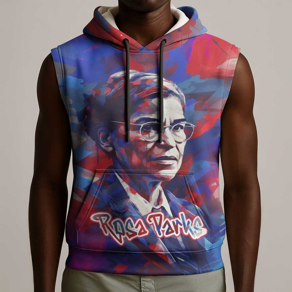 Rosa Parks Sleeveless Hoodie Red Blue Abstract Art Portrait Sitting Down to Stand Up Quote Civil Rights Tribute - African Pride