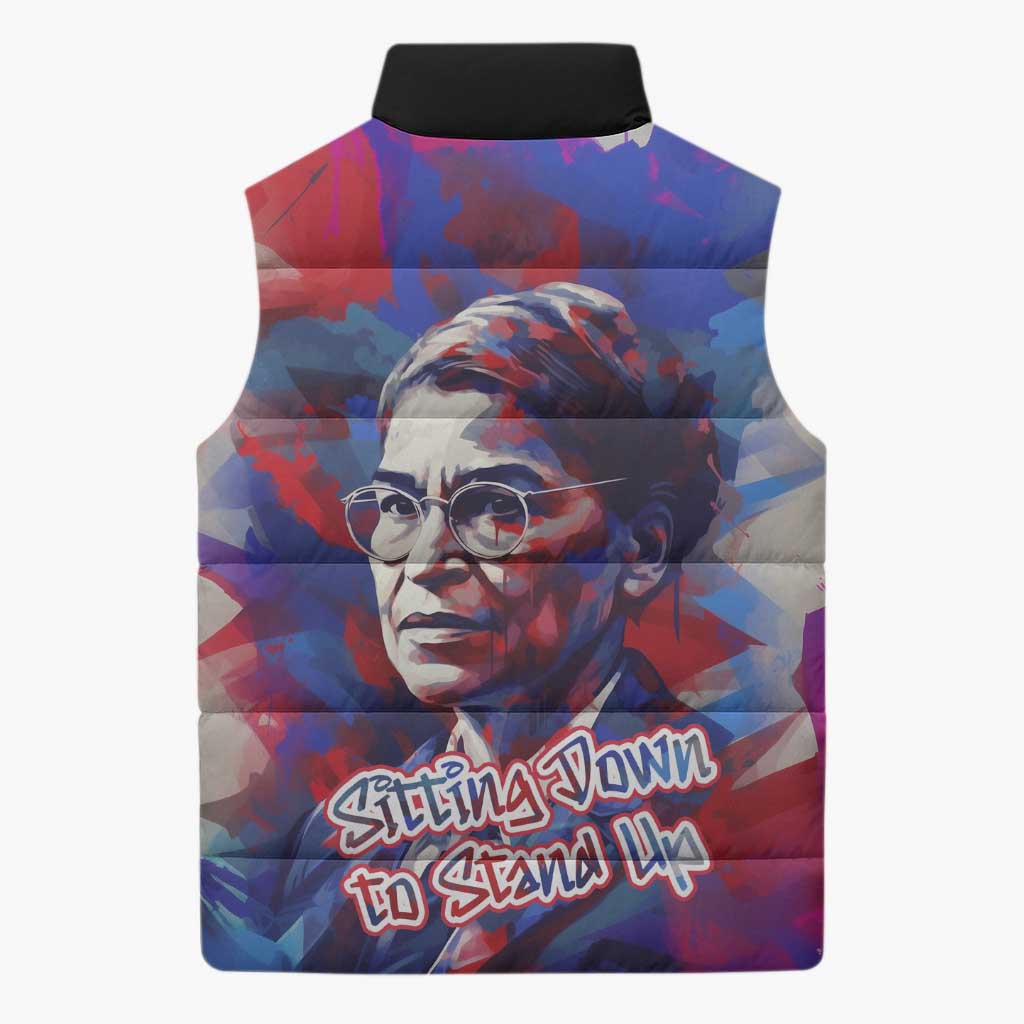 Rosa Parks Sleeveless Puffer Jacket Red Blue Abstract Art Portrait Sitting Down to Stand Up Quote Civil Rights Tribute - African Pride