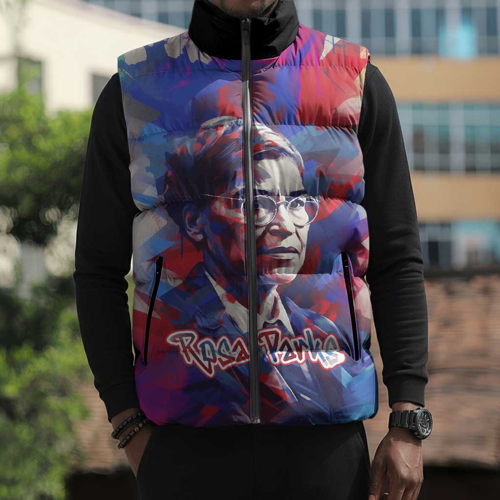 Rosa Parks Sleeveless Puffer Jacket Red Blue Abstract Art Portrait Sitting Down to Stand Up Quote Civil Rights Tribute - African Pride