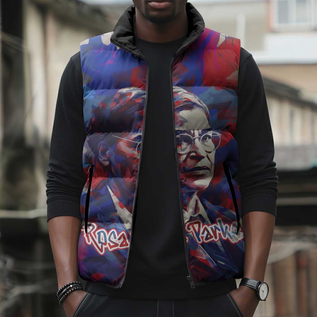 Rosa Parks Sleeveless Puffer Jacket Red Blue Abstract Art Portrait Sitting Down to Stand Up Quote Civil Rights Tribute - African Pride