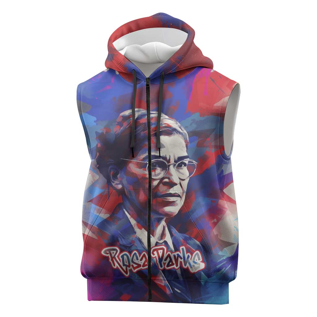 Rosa Parks Sleeveless Zip Hoodie Red Blue Abstract Art Portrait Sitting Down to Stand Up Quote Civil Rights Tribute - African Pride