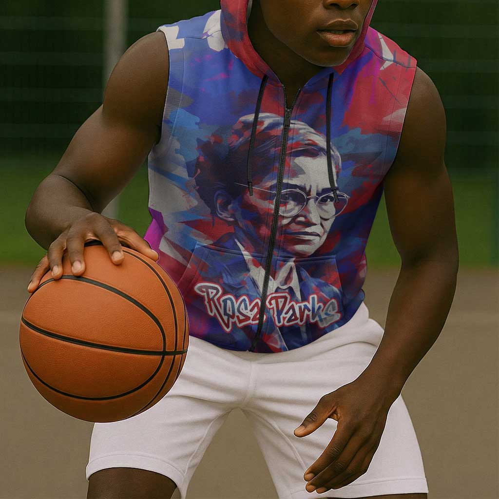 Rosa Parks Sleeveless Zip Hoodie Red Blue Abstract Art Portrait Sitting Down to Stand Up Quote Civil Rights Tribute - African Pride