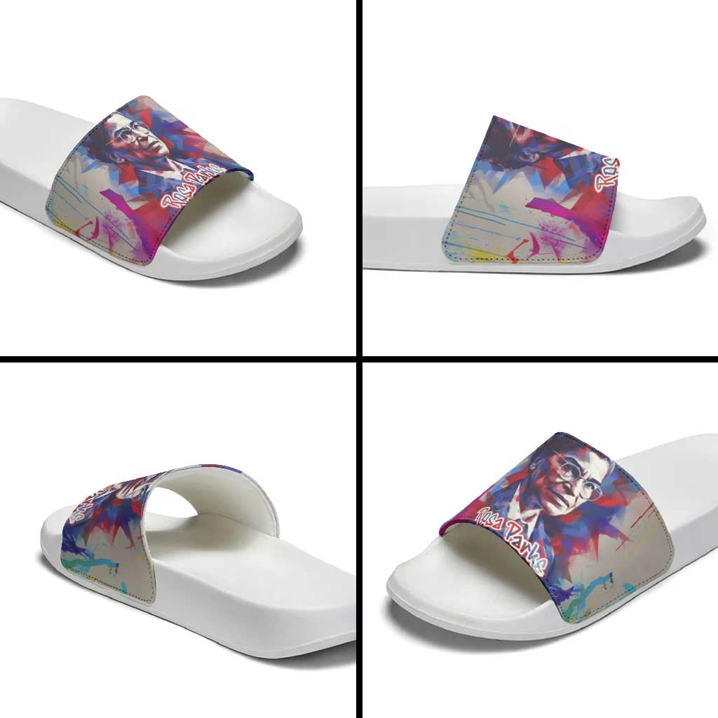Rosa Parks Slide Sandals Red Blue Abstract Art Portrait Sitting Down to Stand Up Quote Civil Rights Tribute - African Pride