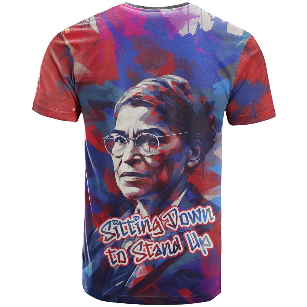 Rosa Parks T shirt Red Blue Abstract Art Portrait Sitting Down to Stand Up Quote Civil Rights Tribute TS04