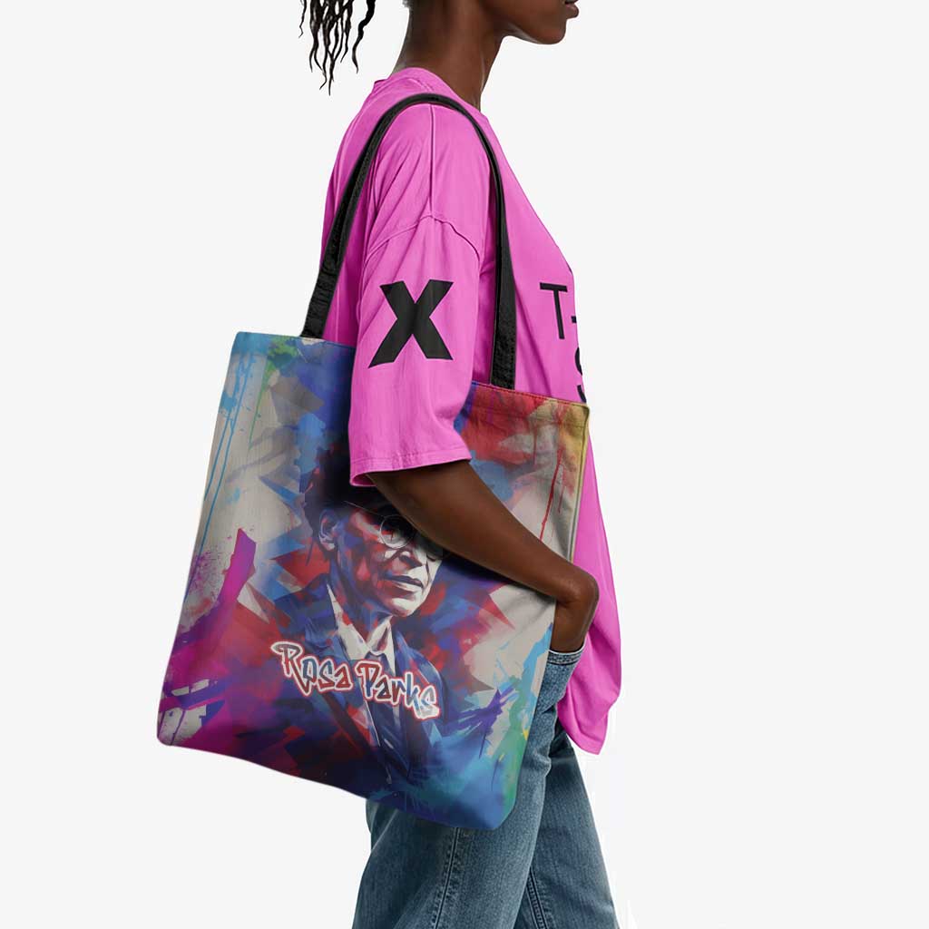 Rosa Parks Tote Bag Red Blue Abstract Art Portrait Sitting Down to Stand Up Quote Civil Rights Tribute - African Pride