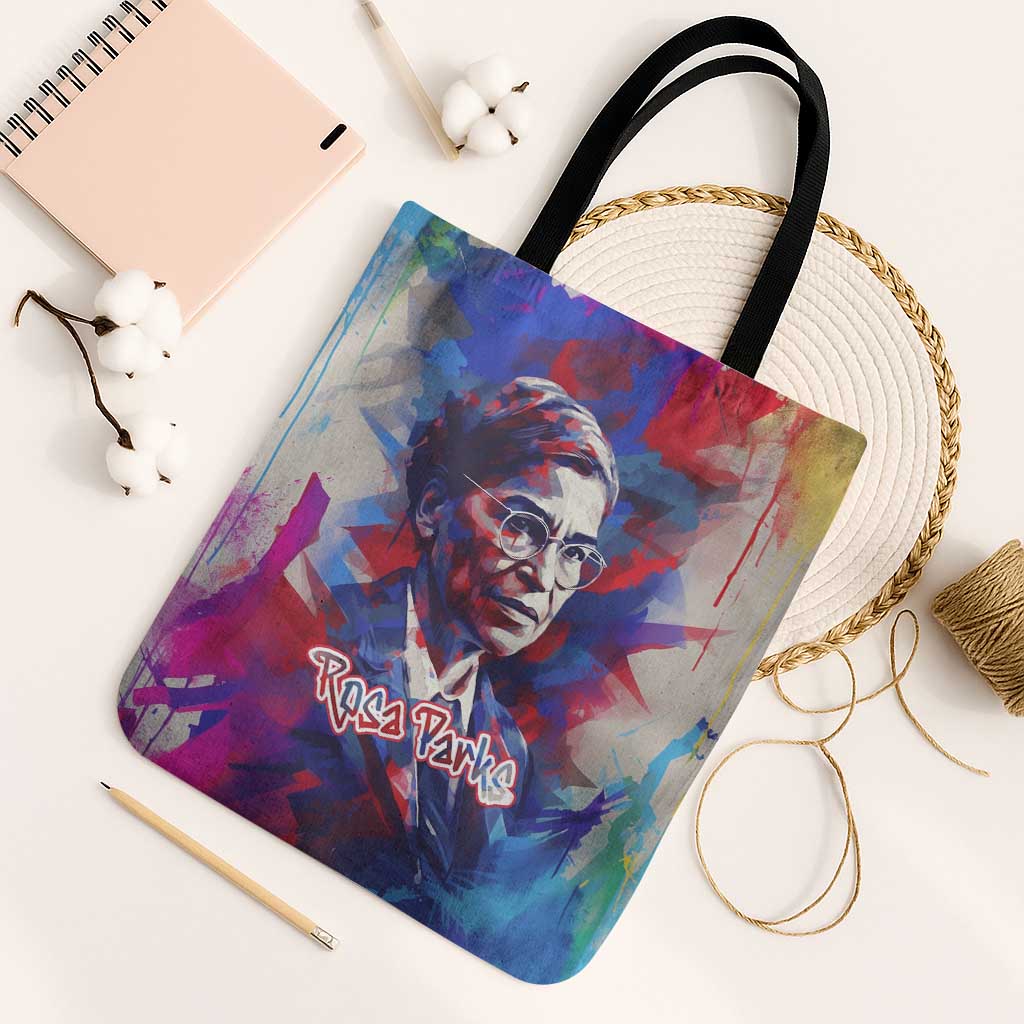 Rosa Parks Tote Bag Red Blue Abstract Art Portrait Sitting Down to Stand Up Quote Civil Rights Tribute - African Pride