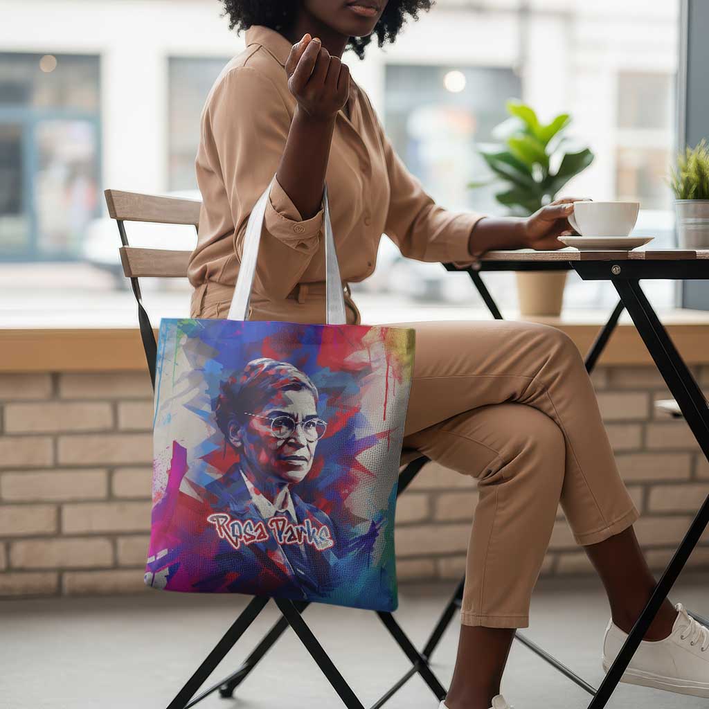 Rosa Parks Tote Bag Red Blue Abstract Art Portrait Sitting Down to Stand Up Quote Civil Rights Tribute - African Pride