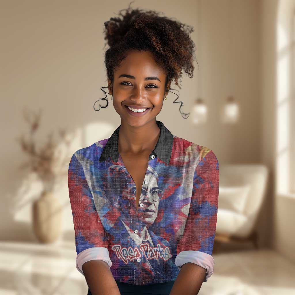 Rosa Parks Women Casual Shirt Red Blue Abstract Art Portrait Sitting Down to Stand Up Quote Civil Rights Tribute - African Pride