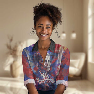 Rosa Parks Women Casual Shirt Red Blue Abstract Art Portrait Sitting Down to Stand Up Quote Civil Rights Tribute - African Pride