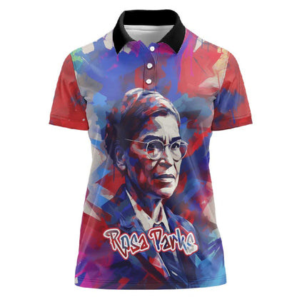 Rosa Parks Women Polo Shirt Red Blue Abstract Art Portrait Sitting Down to Stand Up Quote Civil Rights Tribute TS04