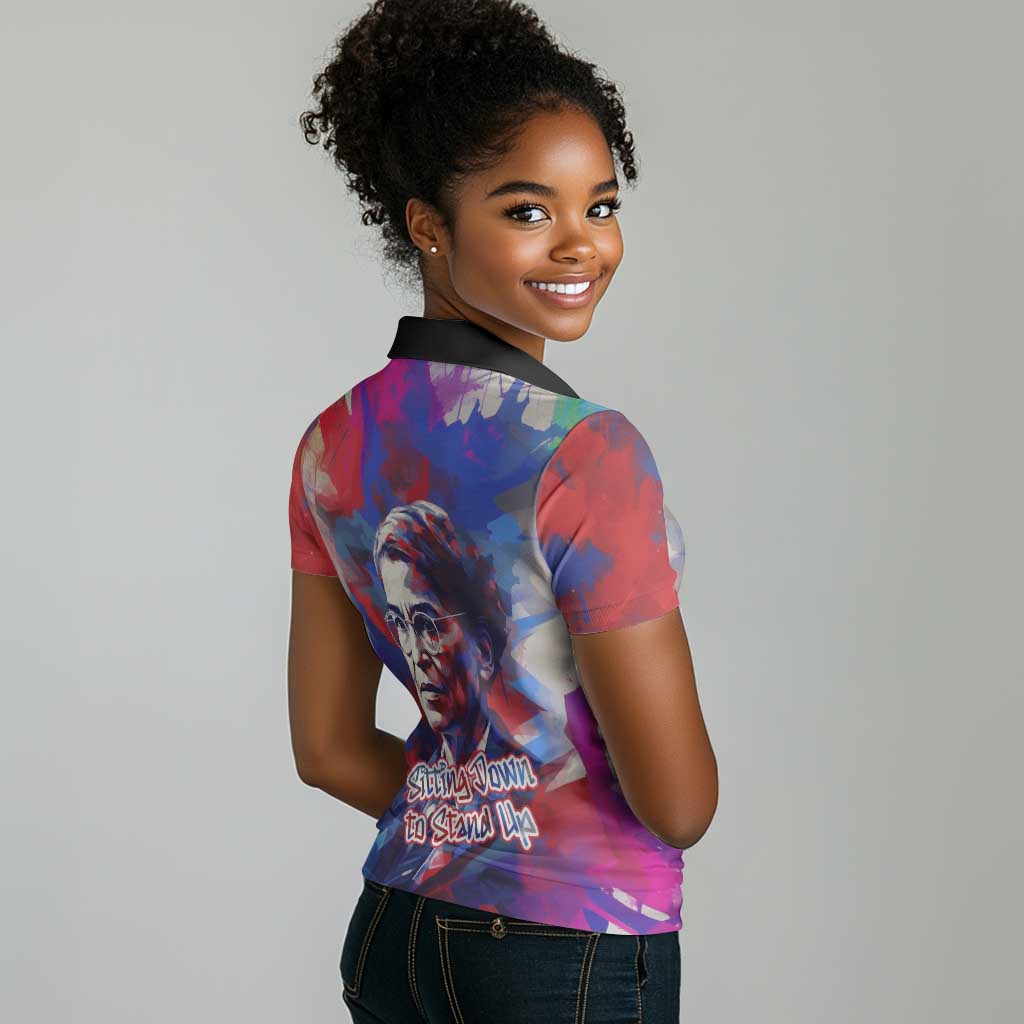Rosa Parks Women Polo Shirt Red Blue Abstract Art Portrait Sitting Down to Stand Up Quote Civil Rights Tribute TS04