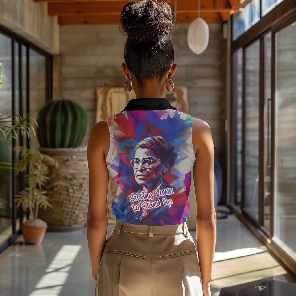 Rosa Parks Women Sleeveless Polo Shirt Red Blue Abstract Art Portrait Sitting Down to Stand Up Quote Civil Rights Tribute - African Pride
