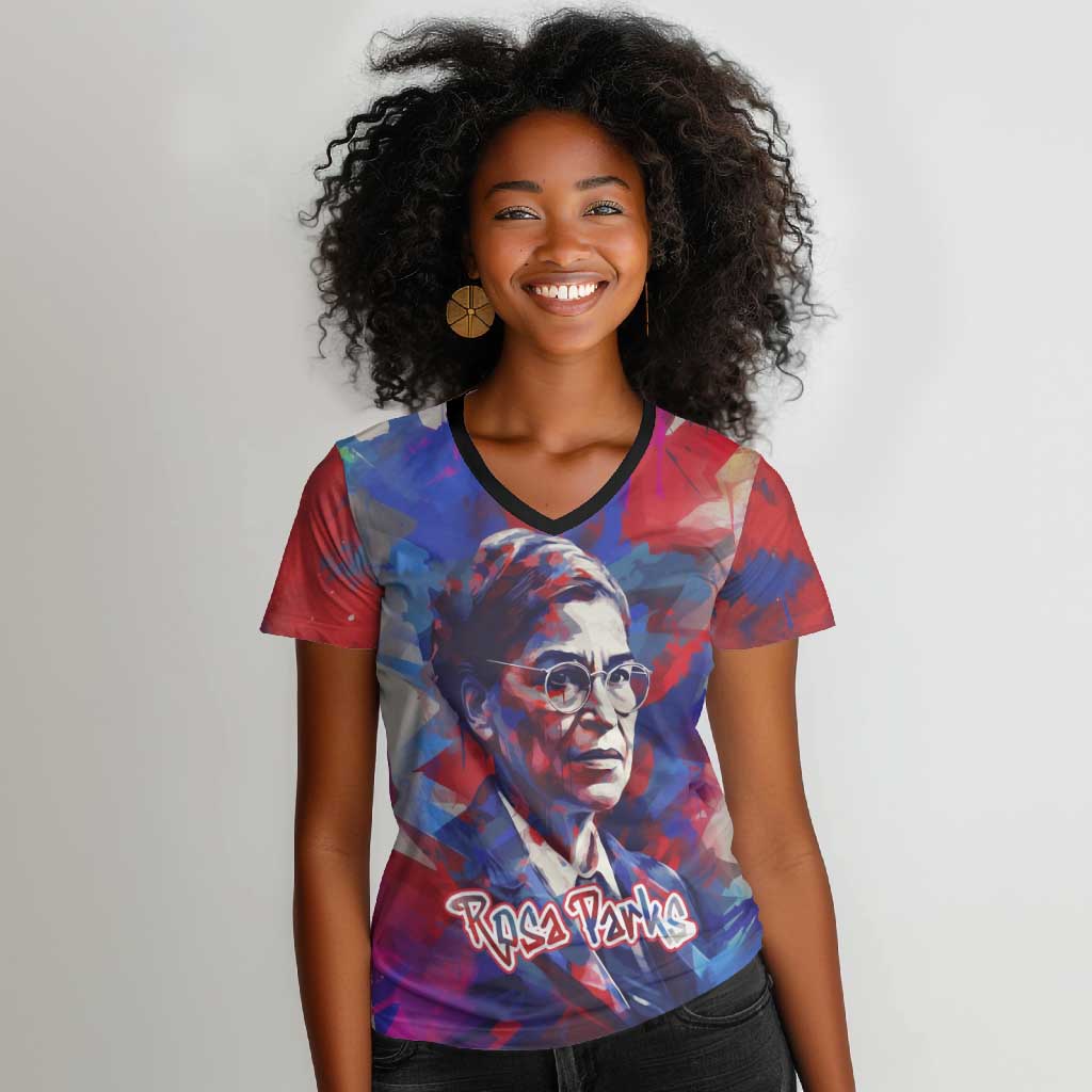 Rosa Parks Women V-Neck T-Shirt Red Blue Abstract Art Portrait Sitting Down to Stand Up Quote Civil Rights Tribute TS04