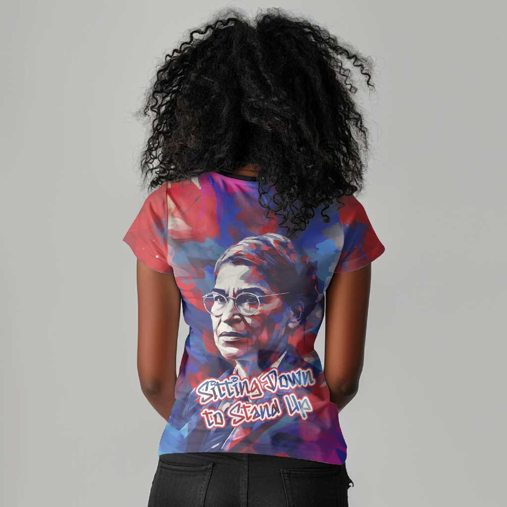 Rosa Parks Women V-Neck T-Shirt Red Blue Abstract Art Portrait Sitting Down to Stand Up Quote Civil Rights Tribute TS04