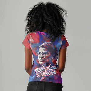 Rosa Parks Women V-Neck T-Shirt Red Blue Abstract Art Portrait Sitting Down to Stand Up Quote Civil Rights Tribute TS04