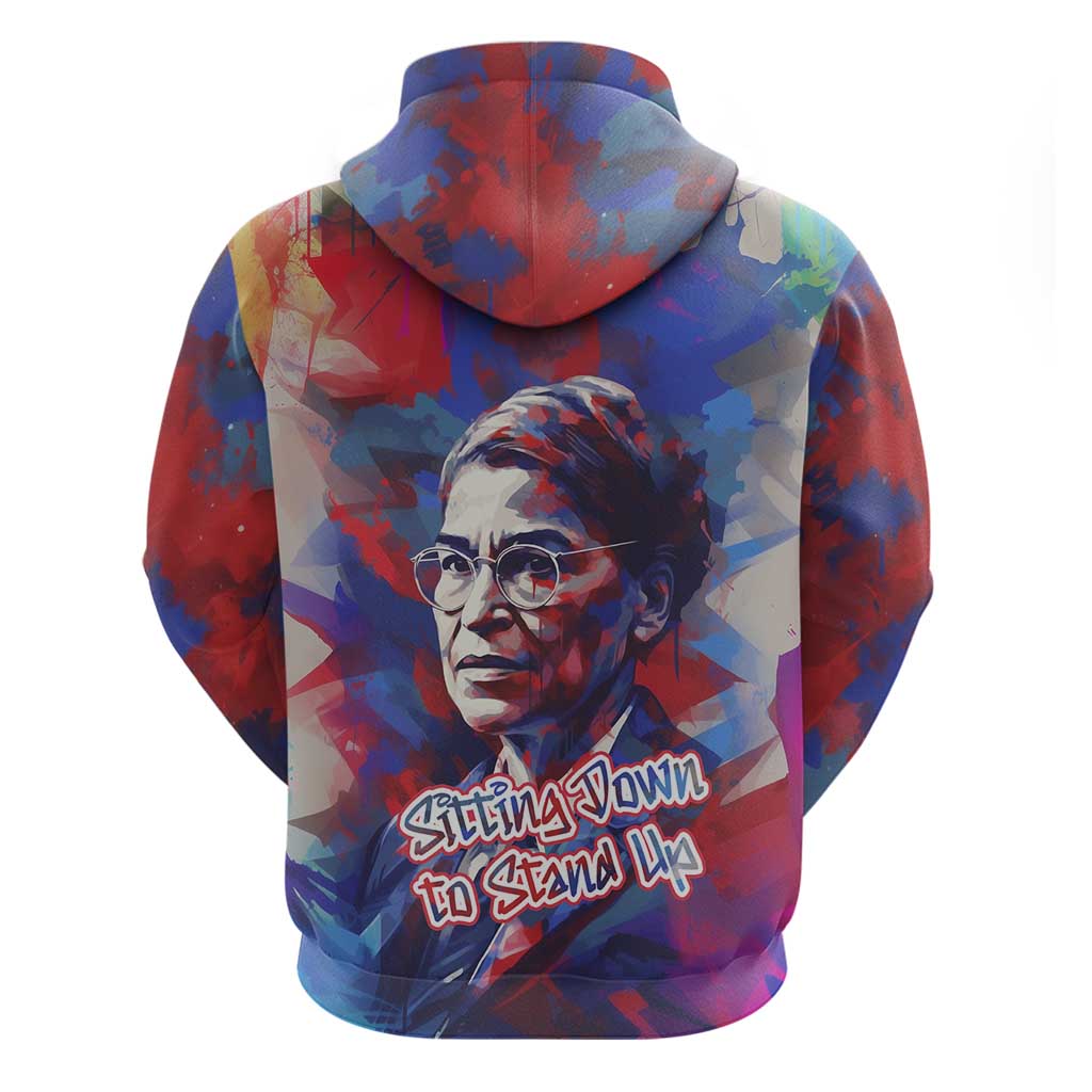 Rosa Parks Zip Hoodie Red Blue Abstract Art Portrait Sitting Down to Stand Up Quote Civil Rights Tribute - African Pride