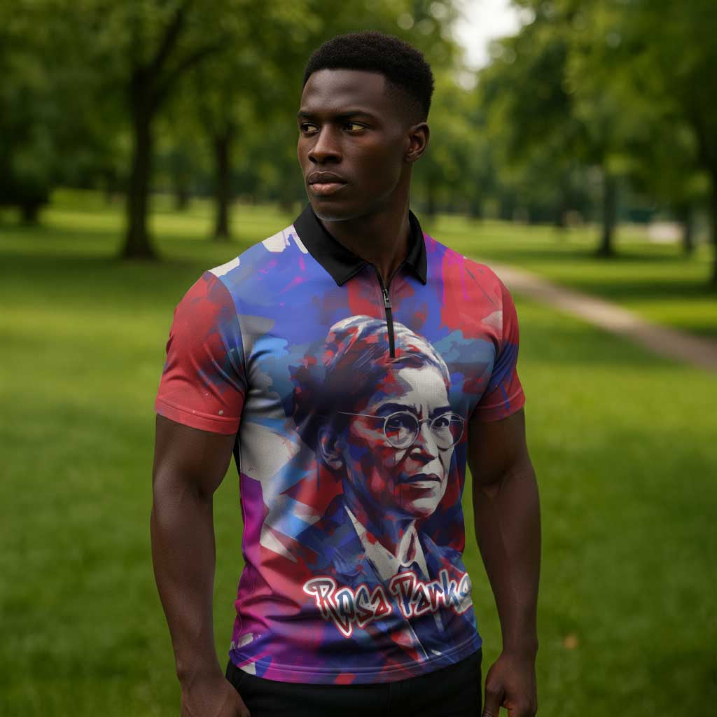 Rosa Parks Zipper Polo Shirt Red Blue Abstract Art Portrait Sitting Down to Stand Up Quote Civil Rights Tribute - African Pride