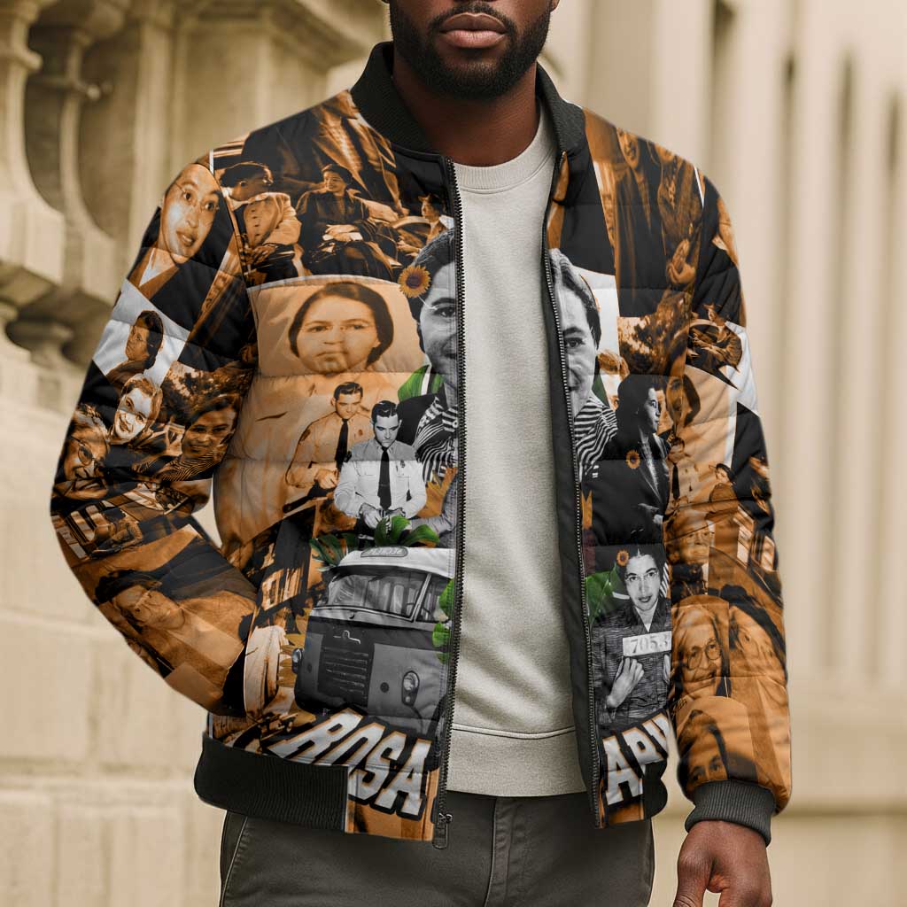 Rosa Parks Bomber Puffer Jacket Sepia Collage Design Civil Rights Icon I Believe There Is Only One Race Quote - African Pride