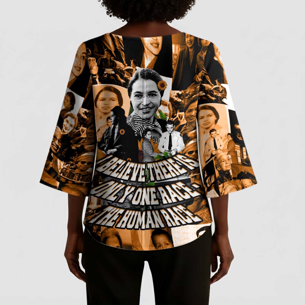 Rosa Parks Kimono Sleeve Blouse Sepia Collage Design Civil Rights Icon I Believe There Is Only One Race Quote - African Pride