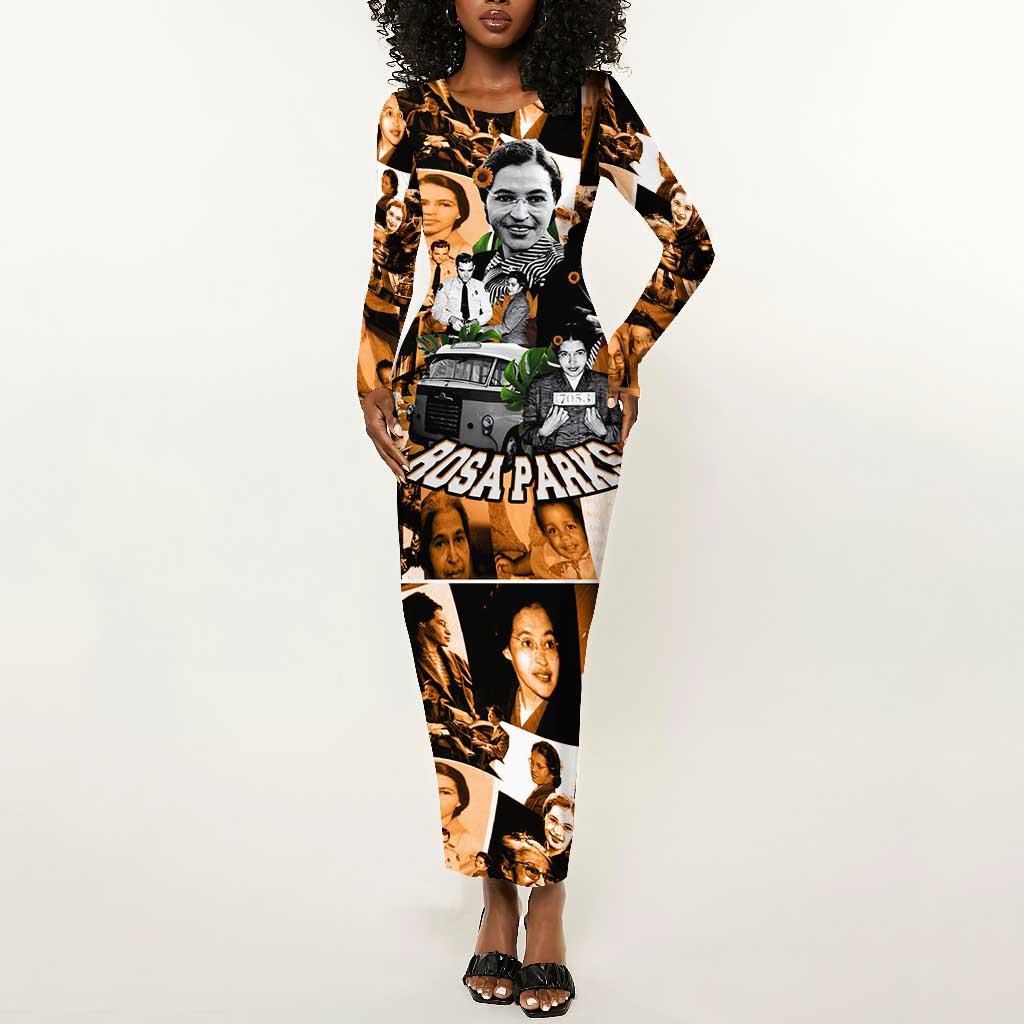 Rosa Parks Long Sleeve Bodycon Dress Sepia Collage Design Civil Rights Icon I Believe There Is Only One Race Quote - African Pride