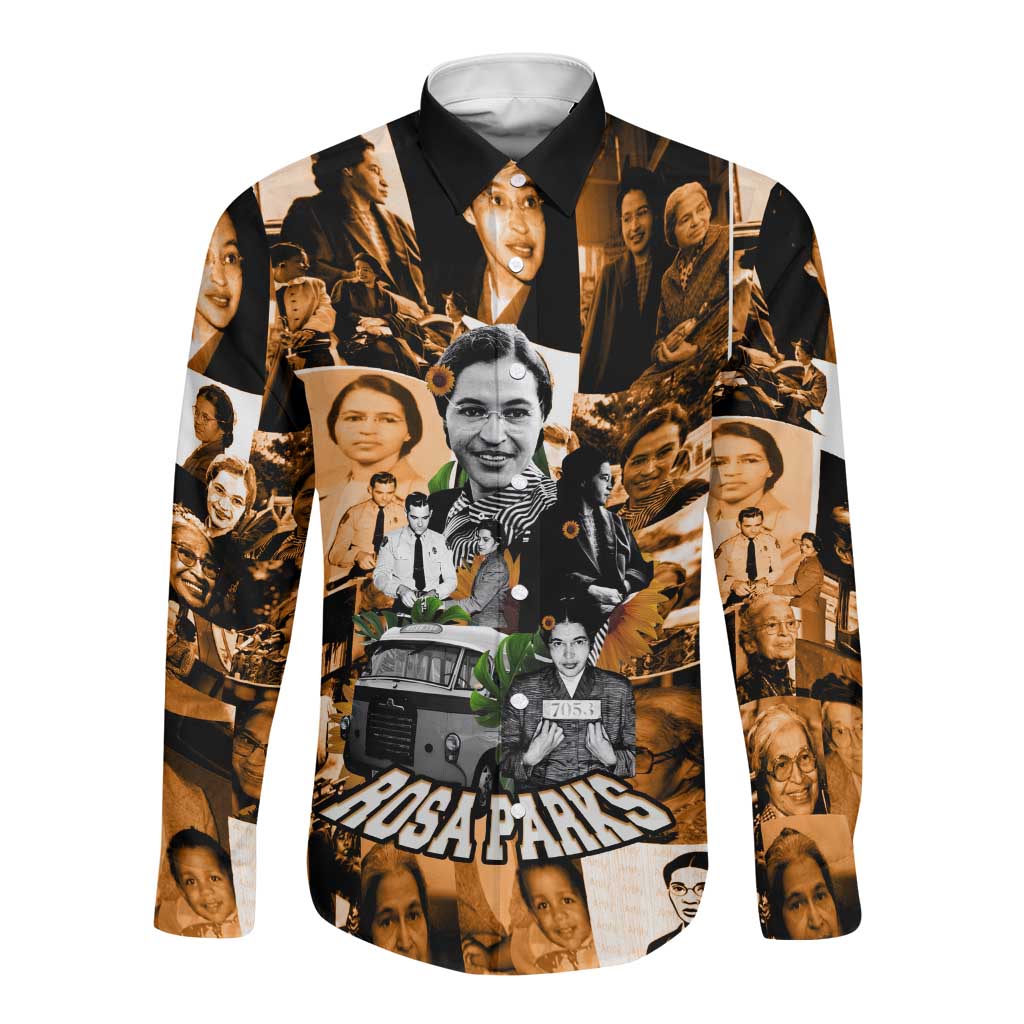 Rosa Parks Long Sleeve Button Shirt Sepia Collage Design Civil Rights Icon I Believe There Is Only One Race Quote - African Pride